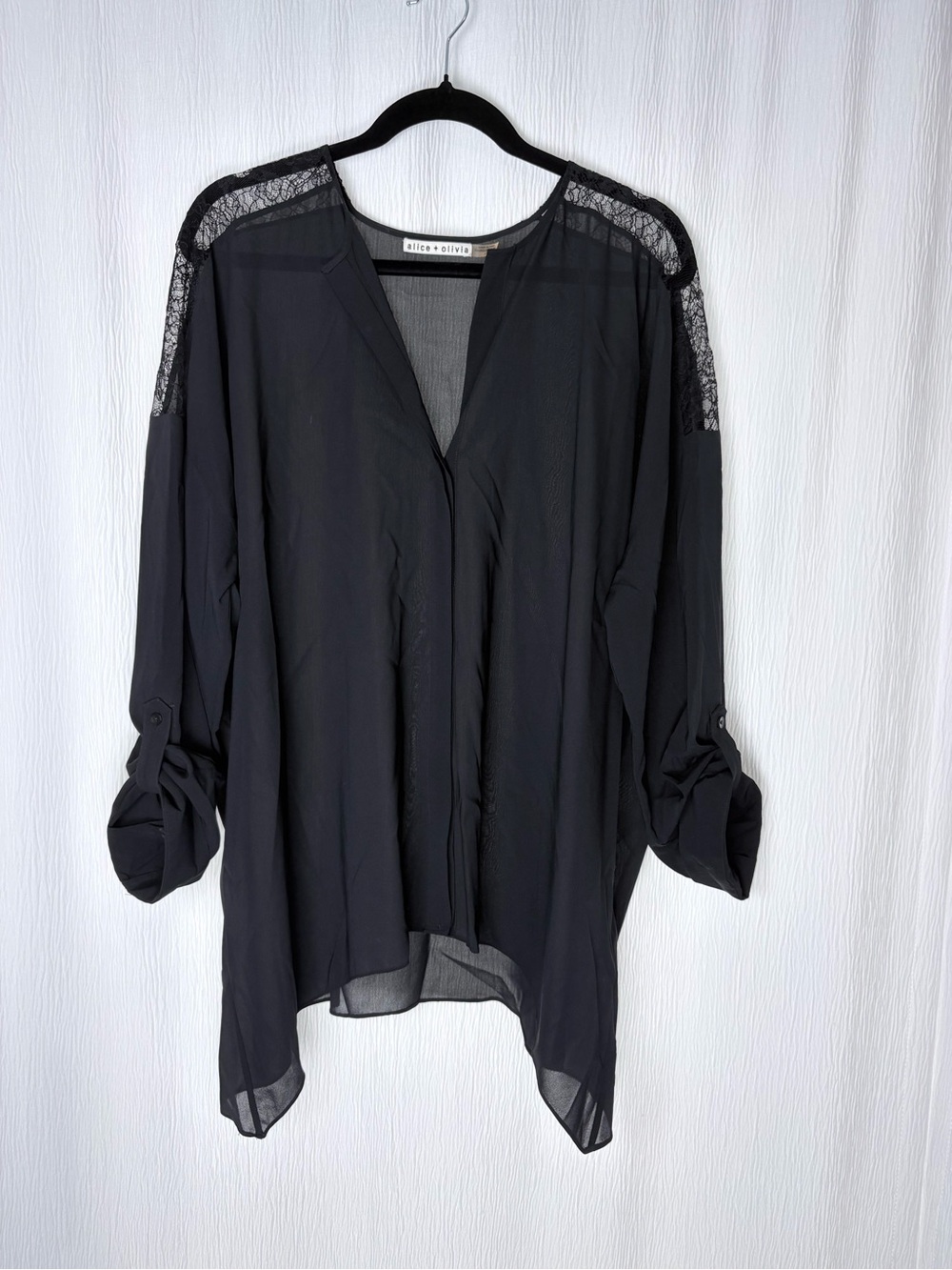 Alice + Olivia Silk Button Down Blouse with Lace Shoulder Detail, Size Large